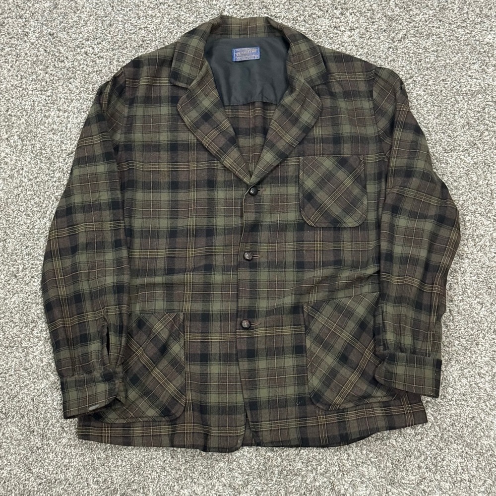 Vintage Pendleton Wool Sport Coat Jacket Mens Large Green Brown Plaid Blazer USA